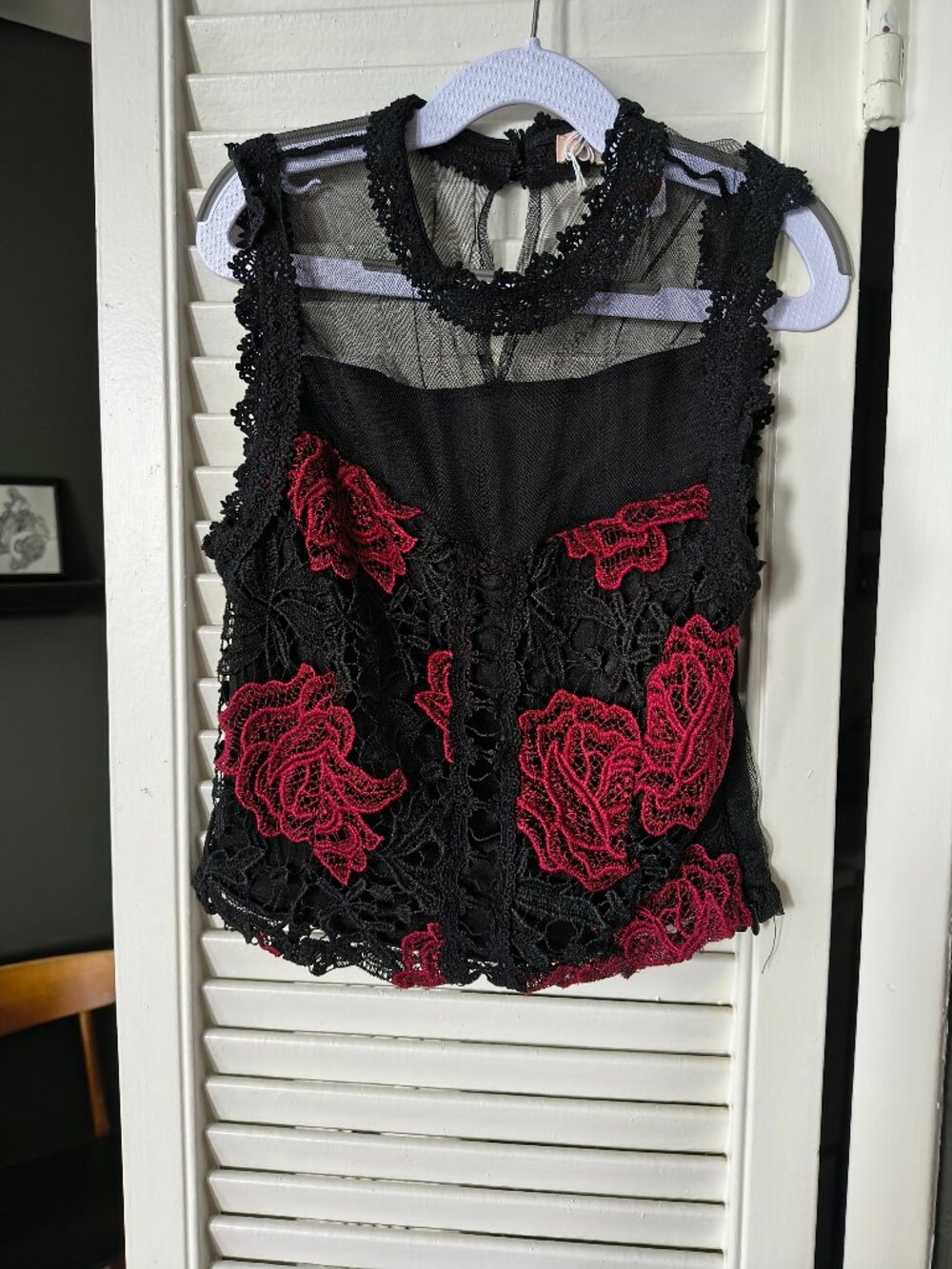 Gothic Red Rose Embroidered Lace Mesh Mock Neck Crop Top (small)